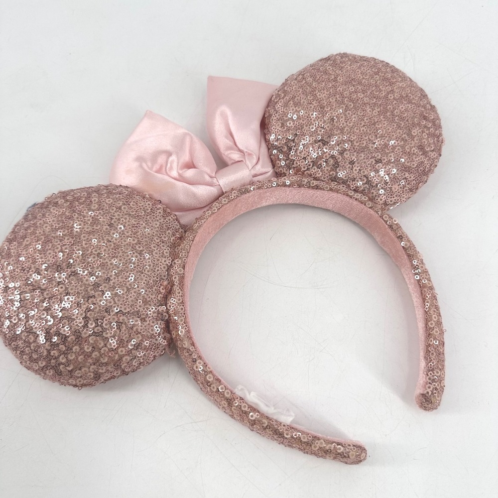 Disney Parks Rose Gold Sequin Minnie Mouse Ears‎ Headband Pink Bow